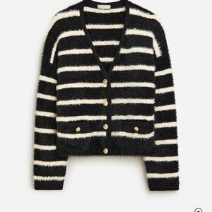 J. Crew Black and Cream Striped Plush Oversized Cardigan with Gold Buttons